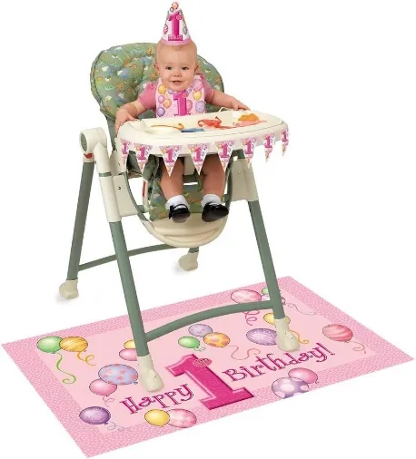 Pink Balloon 1st Birthday High Chair Set - (1 Set) | All-in-One Decoration Kit with Flag Banner, Floor Mat, and Plastic Apron - Perfect for a Memorable 1st Birthday Celebration
