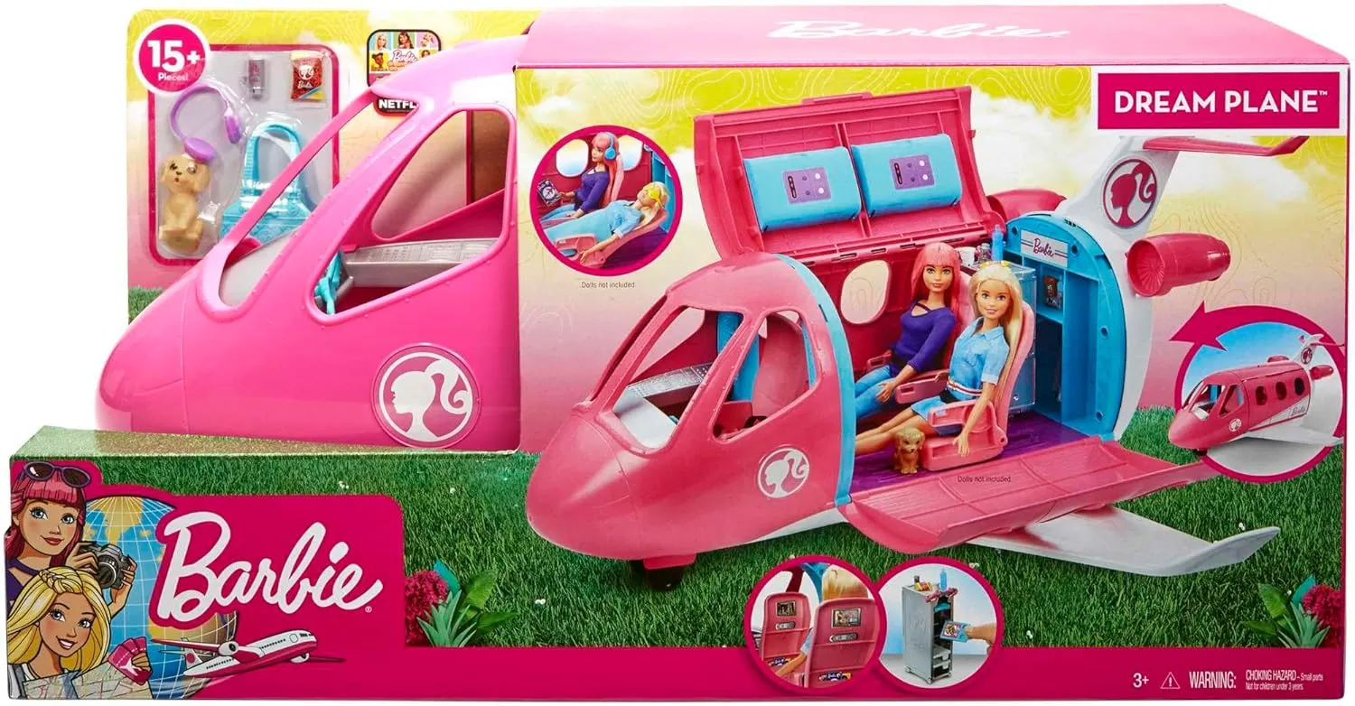 Barbie Dreamplane Airplane Playset with 15+ Doll-Sized Accessories, Including Puppy, Snack Cart, Reclining Seats and More (Amazon Exclusive)